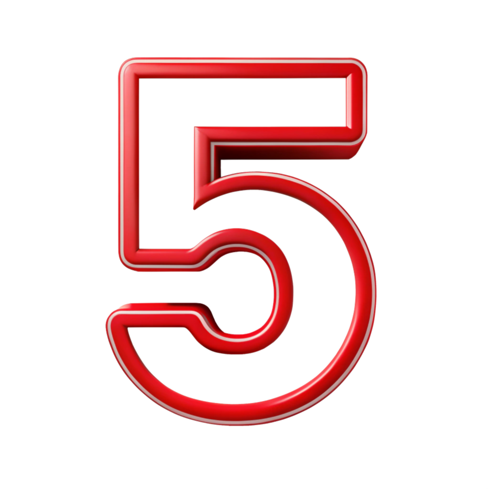 number five in the red design with white outline is isolated on transparent background png