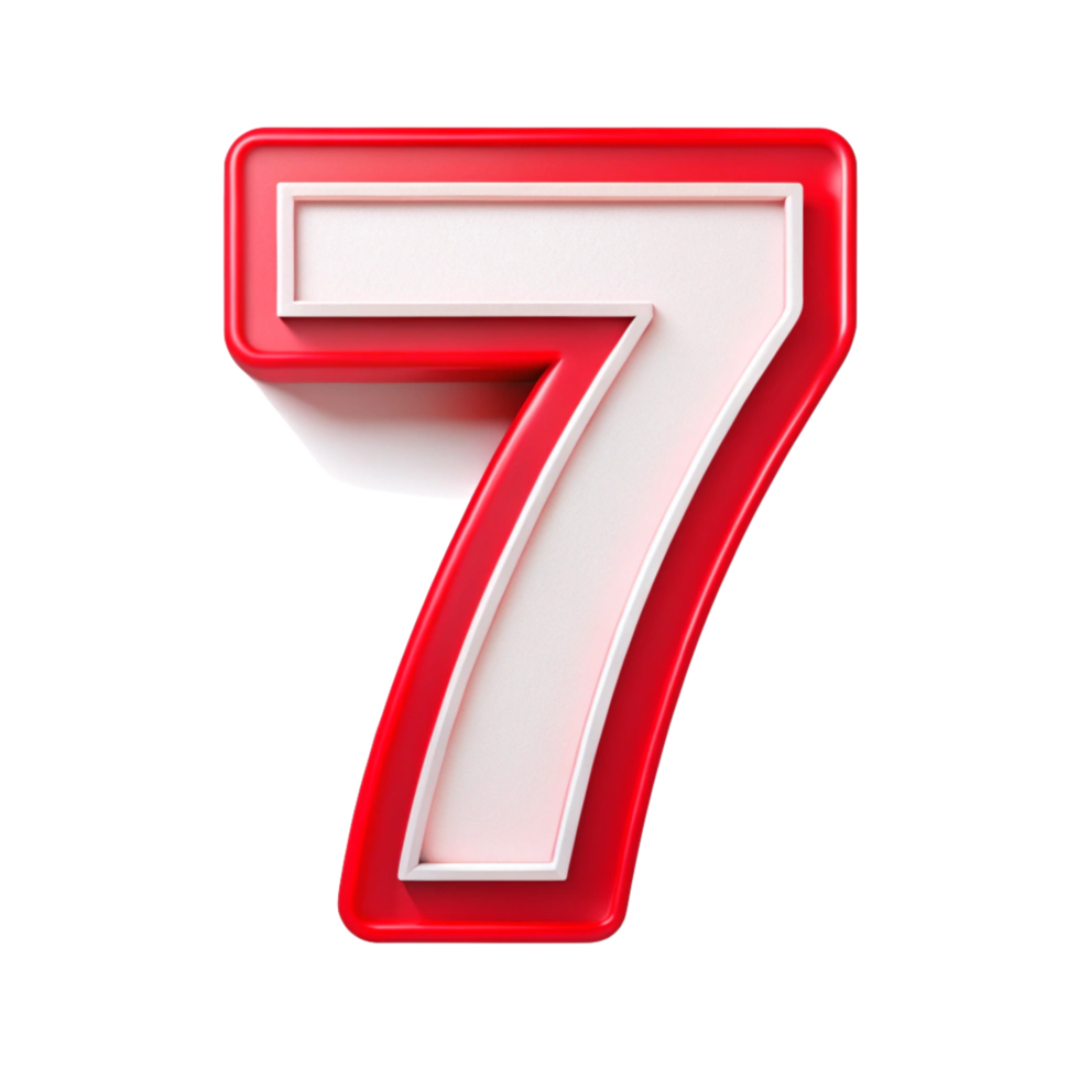 number seven in the red and white design with white outline is isolated on transparent background png