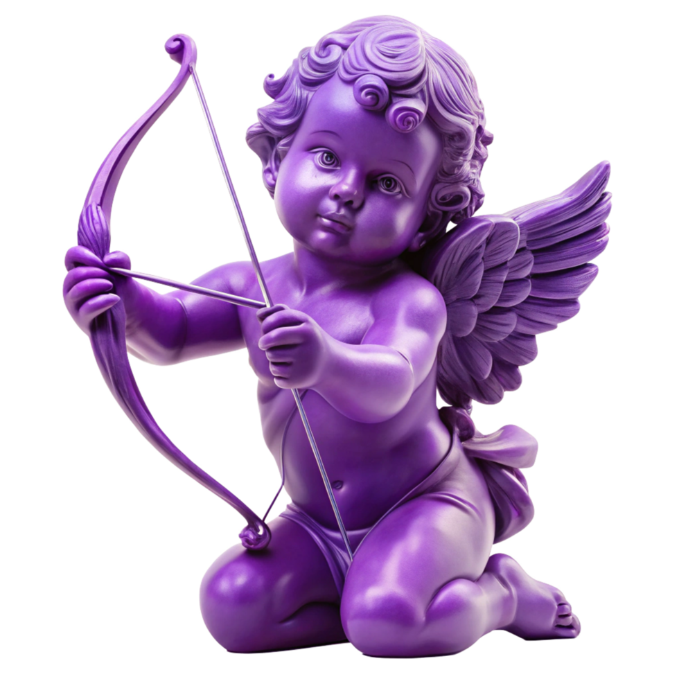 a purple cherub statue with a bow and arrow sculpture is isolated on transparent background png