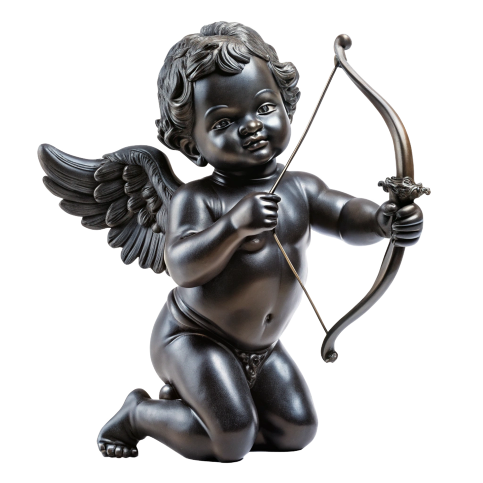 a black cherub statue with a bow and arrow sculpture is isolated on transparent background png