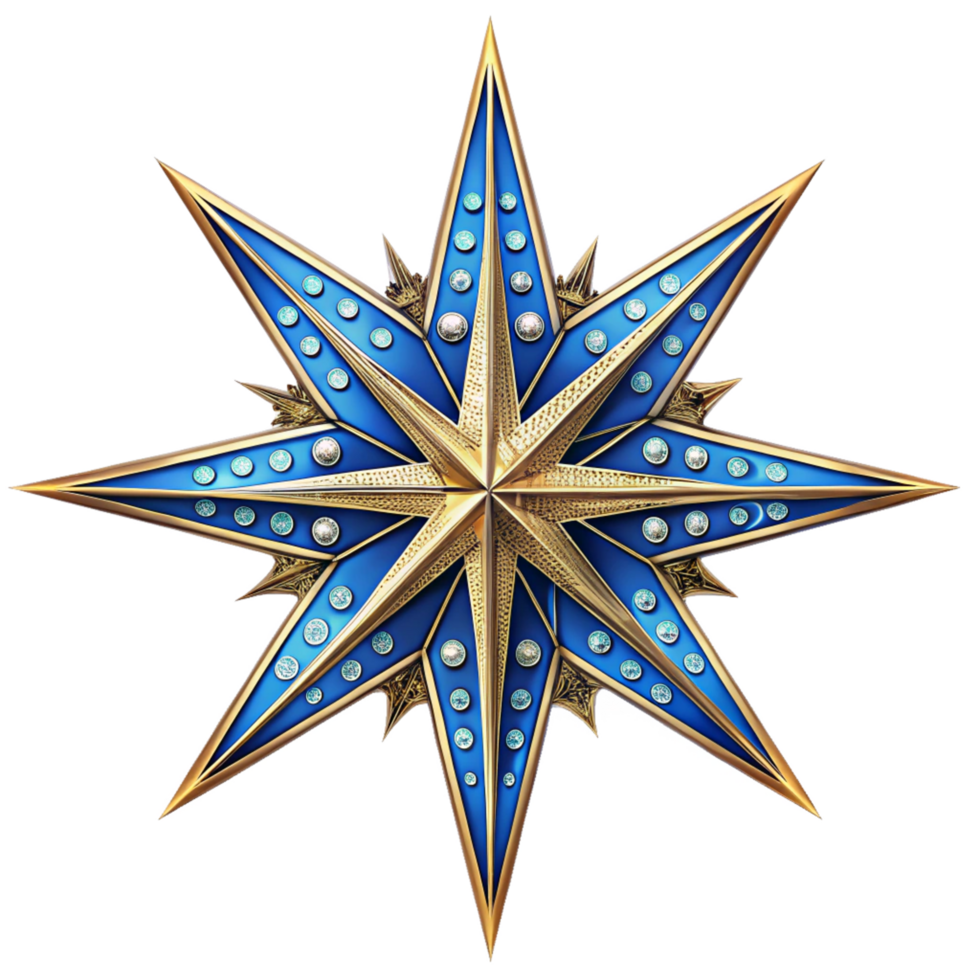 richly decorated blue 3d compass star is isolated on transparent background png