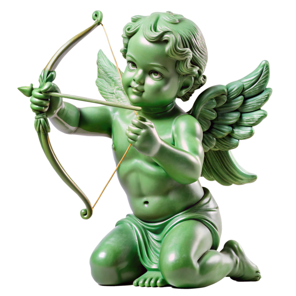a green cherub statue with a bow and arrow sculpture is isolated on transparent background png
