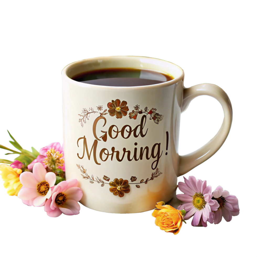 good morning written on the coffee cup is isolated on transparent background png