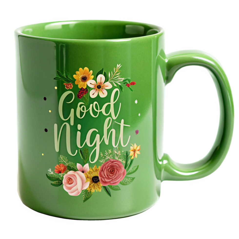 good night written on the green coffee cup is isolated on transparent background png