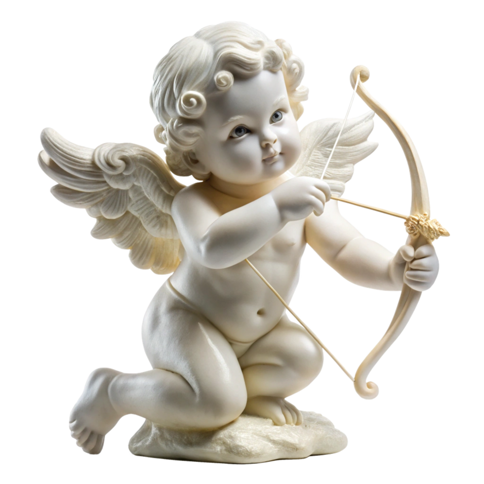 a white cherub statue with a bow and arrow sculpture is isolated on transparent background png