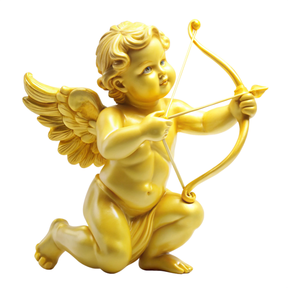 a yellow cherub statue with a bow and arrow sculpture is isolated on transparent background png