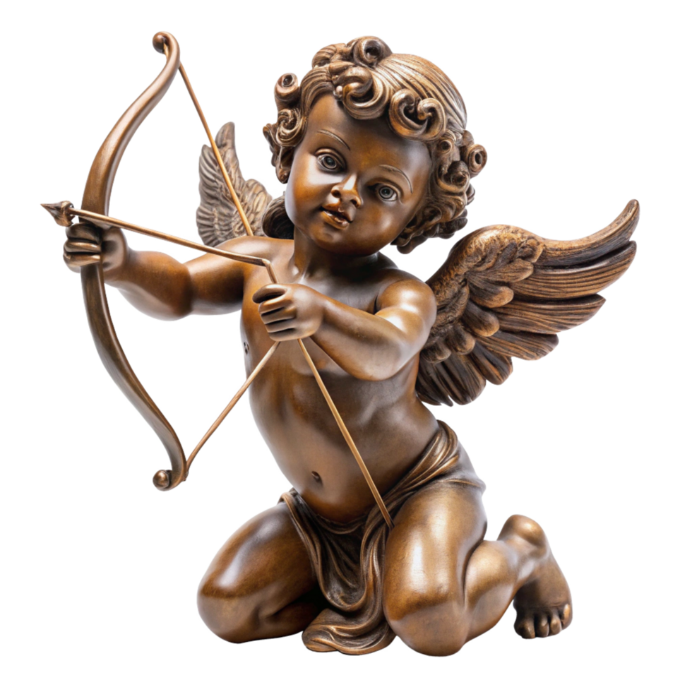 a brown cherub statue with a bow and arrow sculpture is isolated on transparent background png