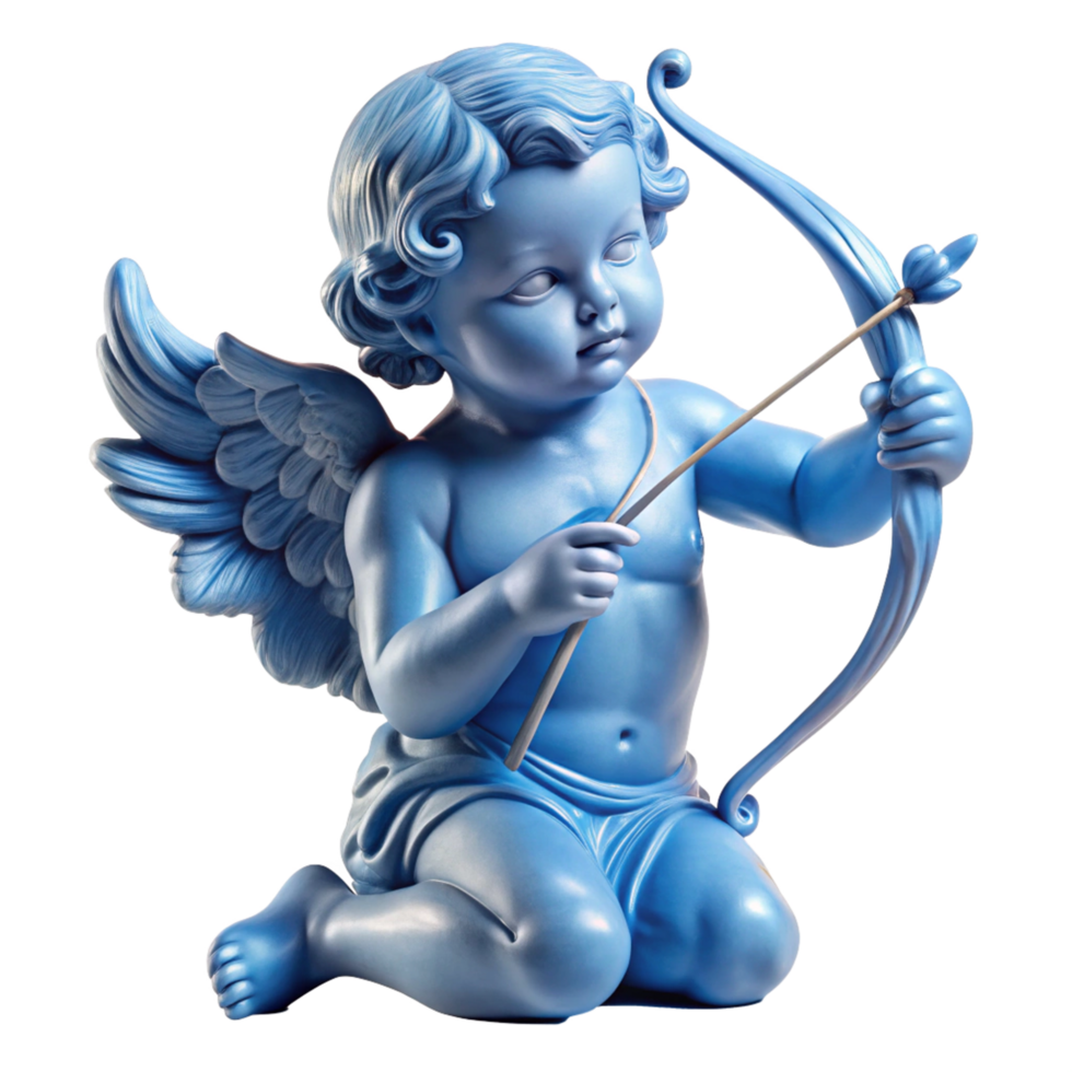 a blue cherub statue with a bow and arrow sculpture is isolated on transparent background png