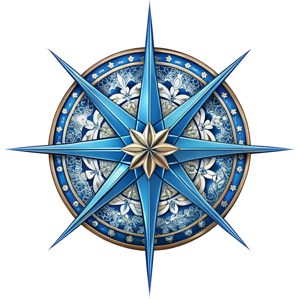 richly decorated blue compass star is isolated on transparent background png