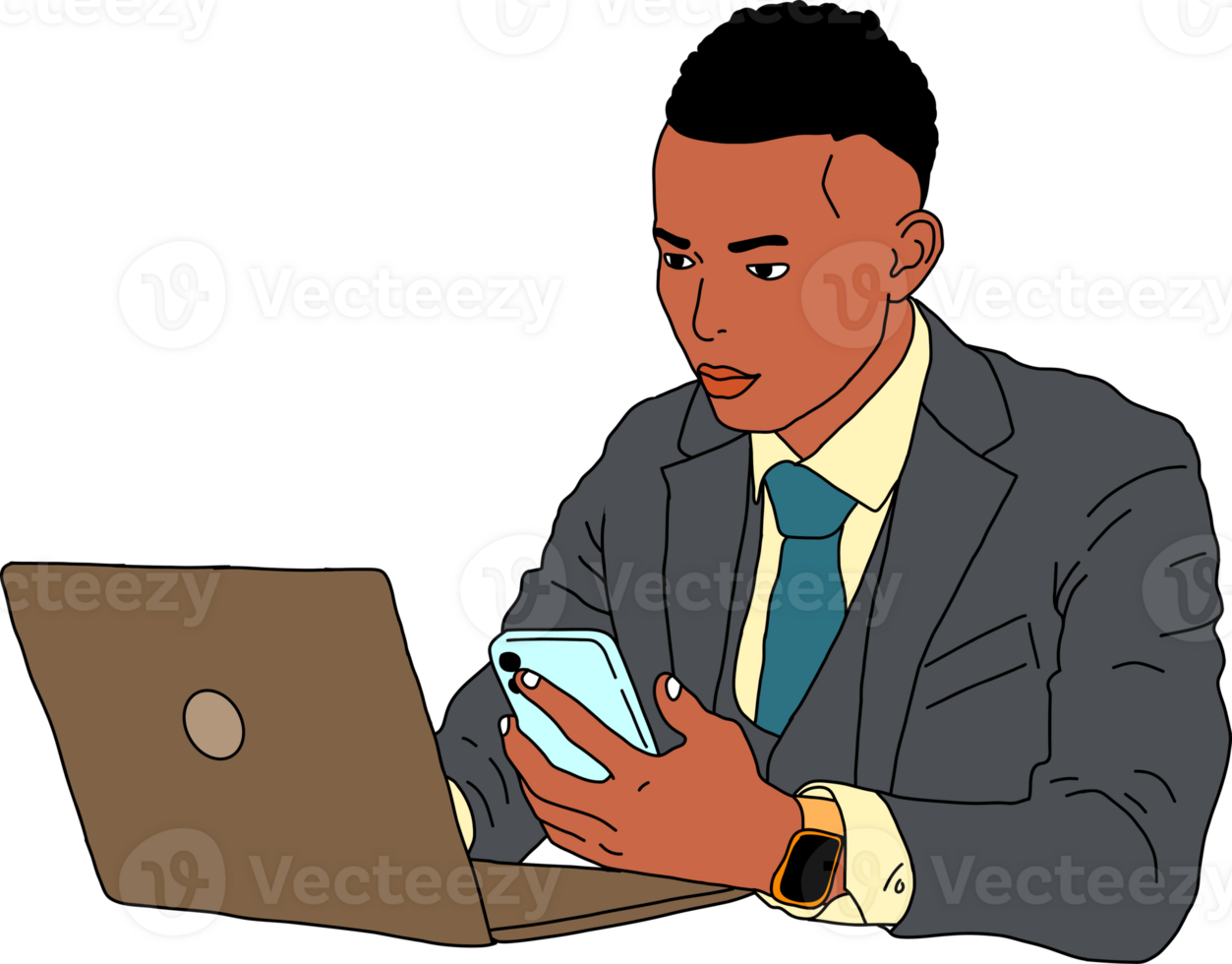 Working on Laptop and Smartphone. cartoon style character design. png