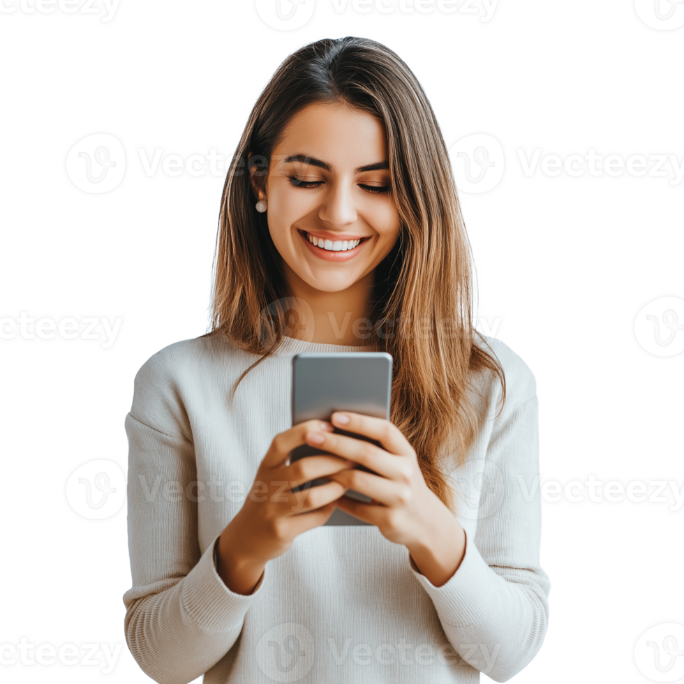 Smiling Woman Holding Smartphone. Isolated on Transparent Background png