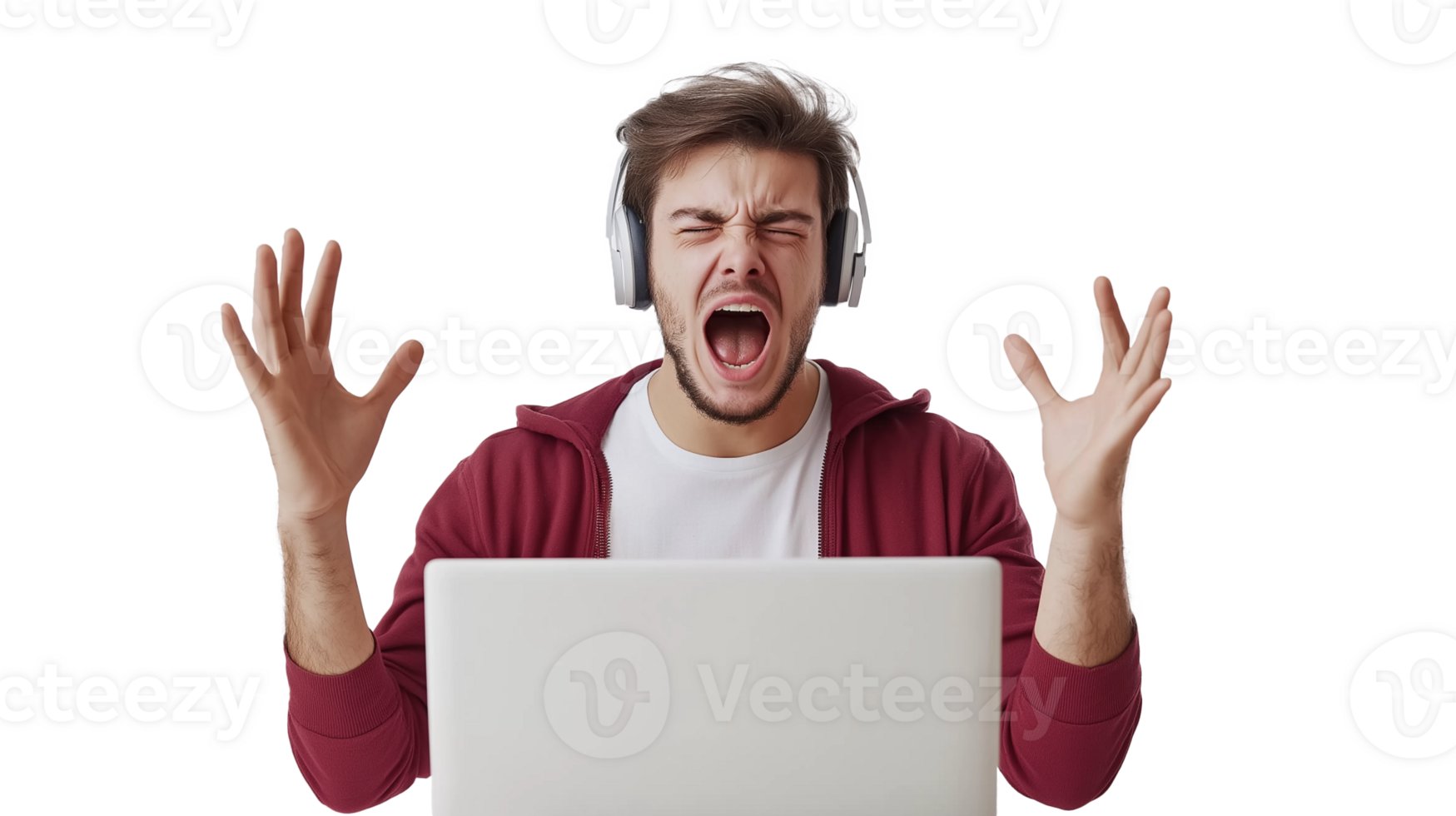 upset Young Caucasian Freelancer Working on Laptop. Watching Webinar, Remote Elearning or Ecommerce, Isolated on transparent png