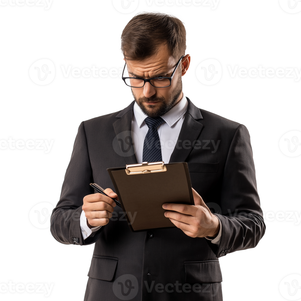 Businessman in Suit Analyzing Clipboard, Isolated on Transparent background. Professional Work and Focus Concept png