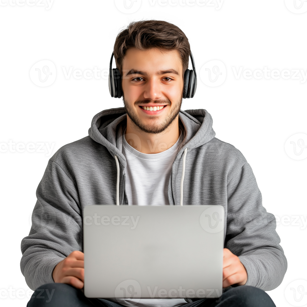 Successful Young Caucasian Freelancer Working on Laptop. Watching Webinar, Remote Elearning or Ecommerce, Isolated on transparent png