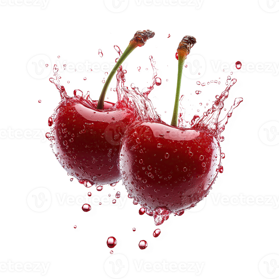 Fresh Cherry Floating in Mid-Air. Isolated on Transparent Background png