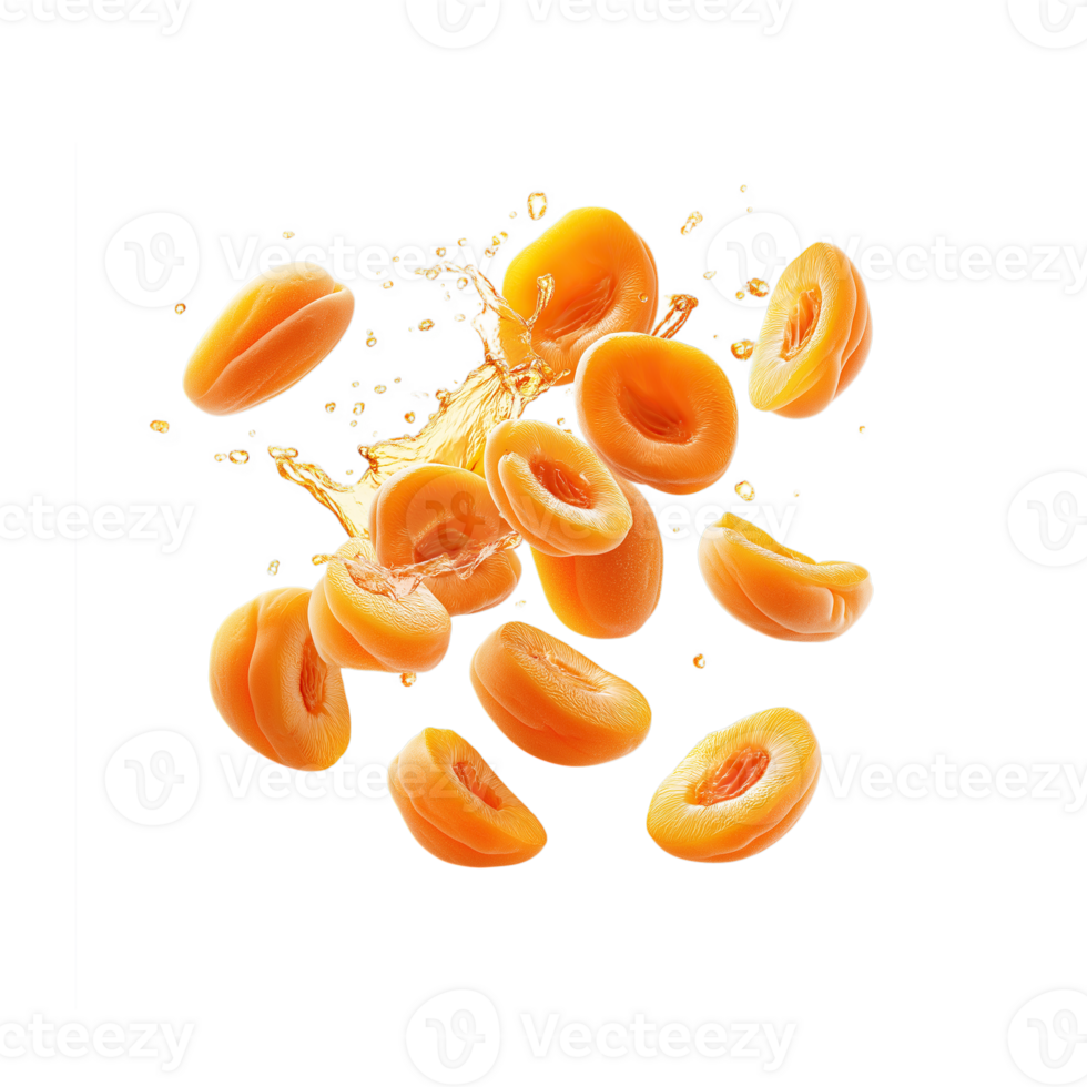 Fresh Apricots Slices Floating in Mid-Air . Crisp, Juicy, Stylish Splash Effect for Healthy Snack Ads, Food Branding and Lifestyle Campaigns. Isolated on Transparent Background png