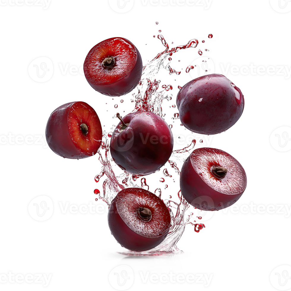 Floating Plum Slices. Isolated on Transparent Background png