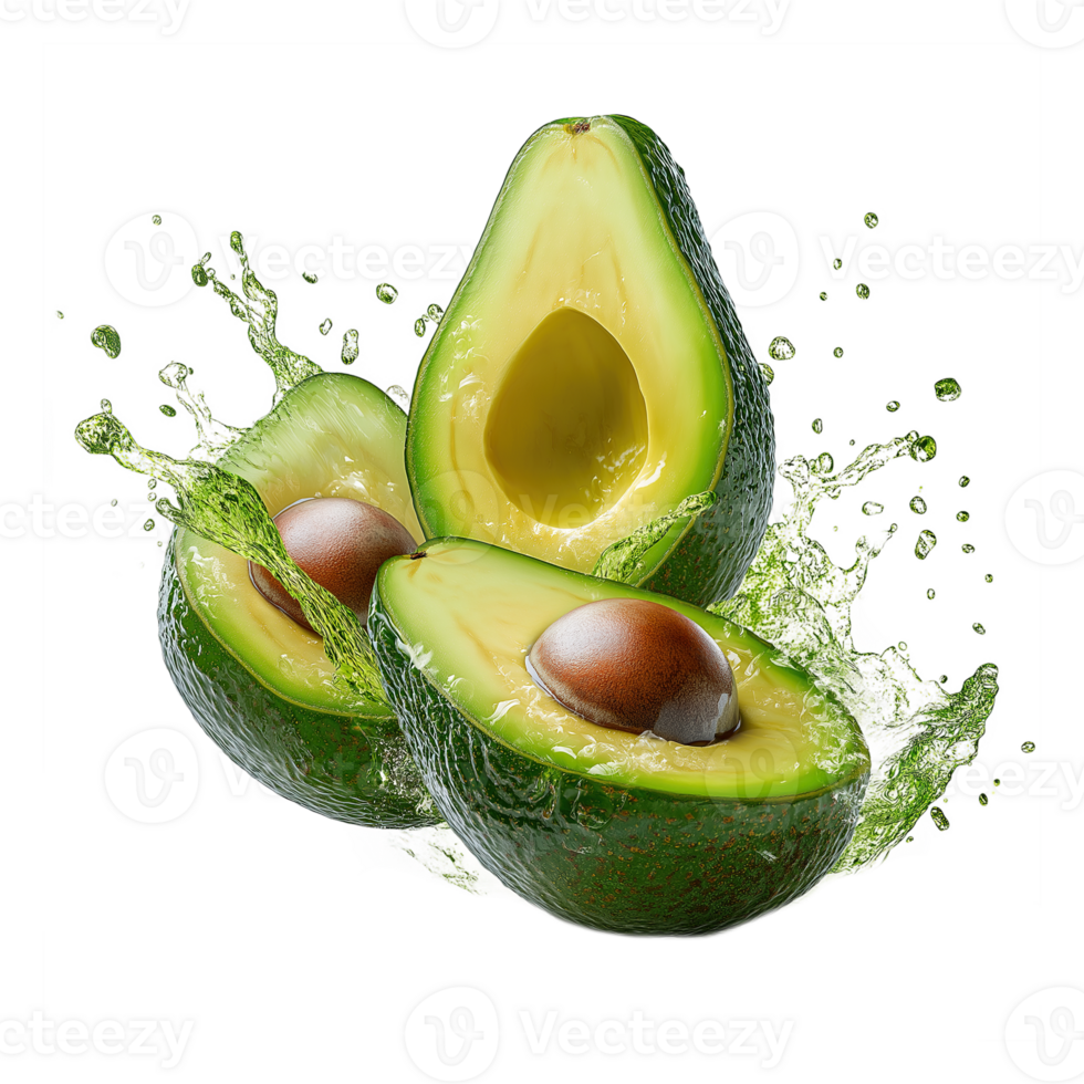 Fresh Avocado Slices Floating in Mid-Air . Stylish Splash Effect for Healthy Snack Ads, Isolated on Transparent Background png