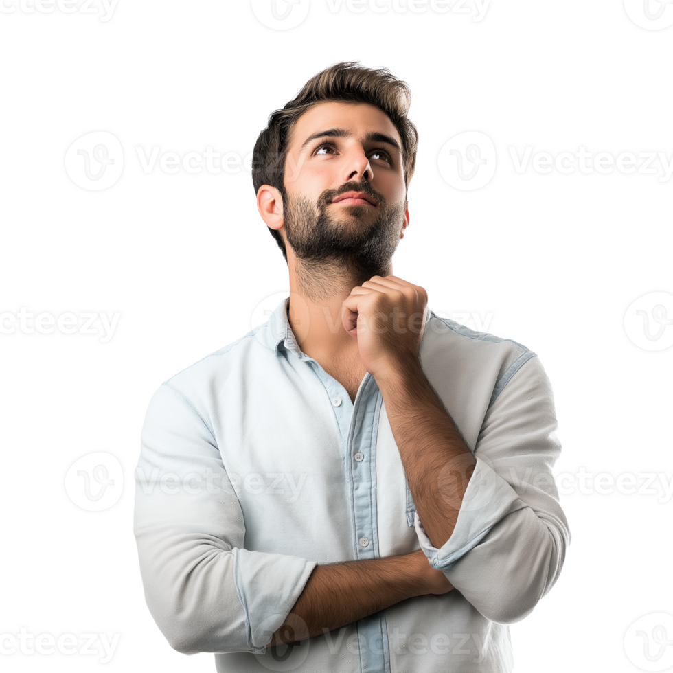 Thoughtful man in casual attire on transparent background png