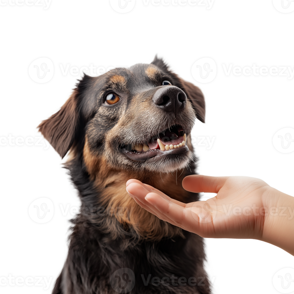 Loyal Dog Reaching for Human Hand. Heartwarming Connection Between Pet and Owner, Isolated on Transparent Background. Perfect for Pet Adoption Ads, Animal Welfare Campaigns, or Family Bonding png