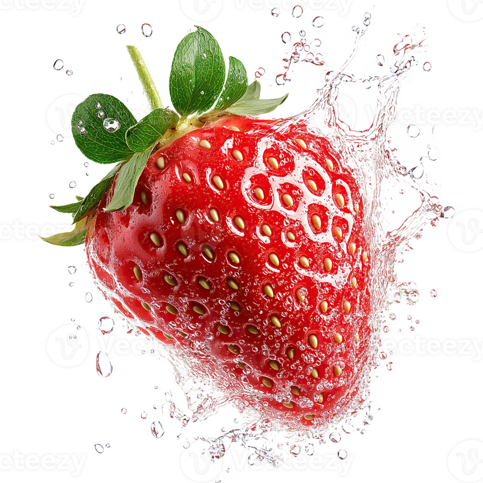 Stylish Floating Strawberry. High-Quality Splash Effect on Clean Transparent, Healthy Snack Marketing png