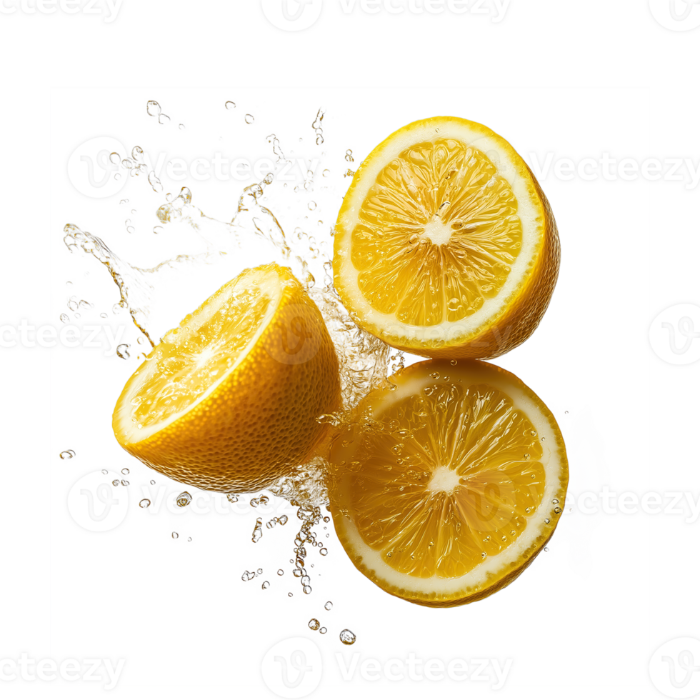 Fresh Lemons Slice Floating in Mid-Air. Stylish Splash Effect for Healthy Snack Ads, Isolated on Transparent Background png