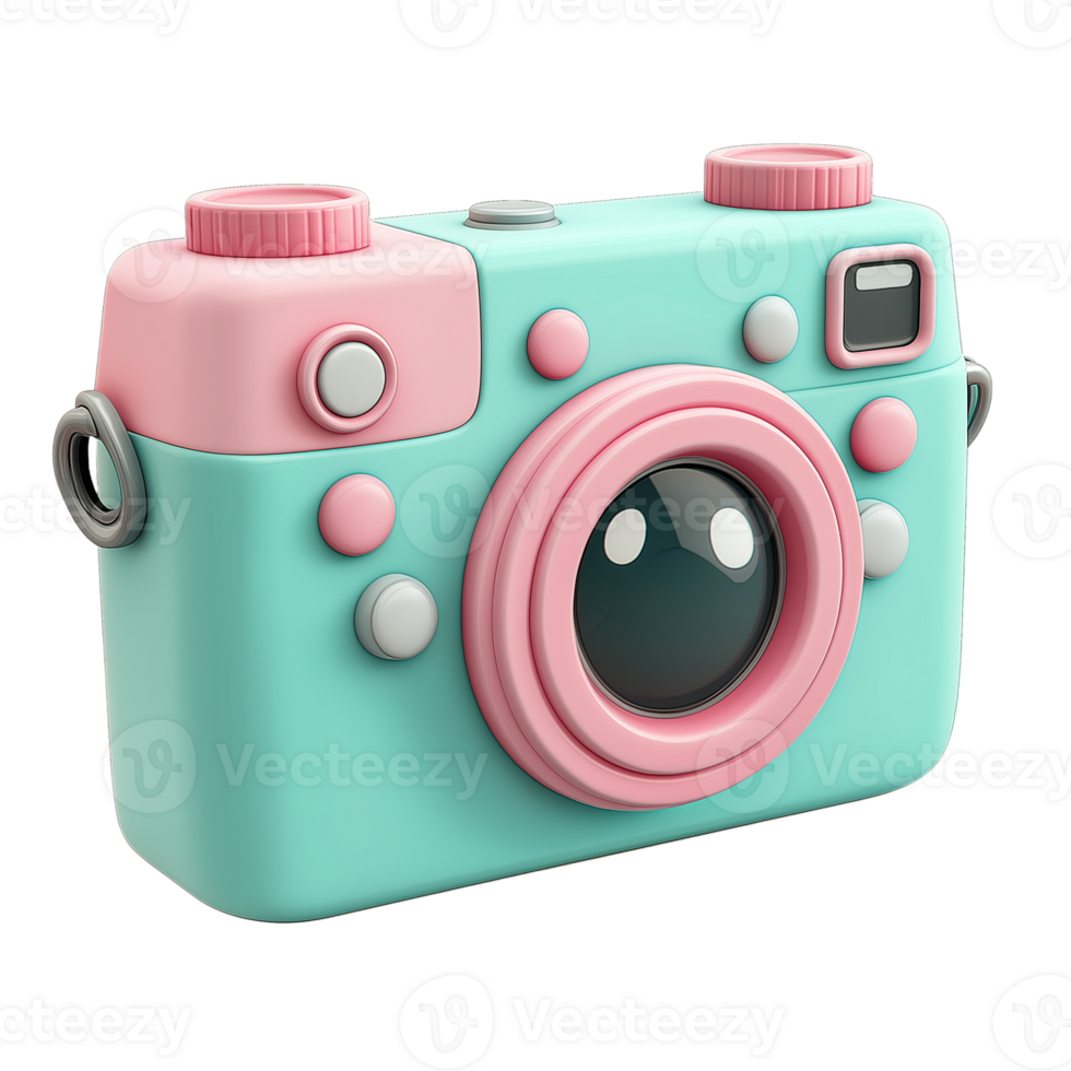 Cute 3D Cartoon Camera Icon - Playful Pink and Teal Isometric Design, Soft Lighting, Transparent Background png