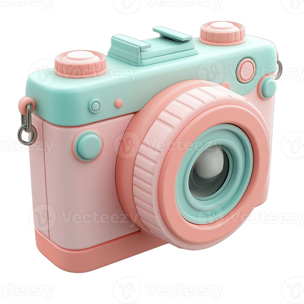 3D Cartoon Camera Icon - Playful Pink and Teal Isometric Design, Soft Lighting, Transparent Background png