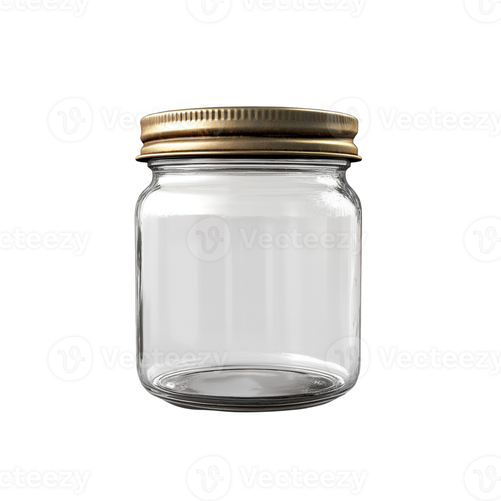 Clear glass jam jar with metal lid, label removed, side view on transparent. Reflections minimized for clean cutout png