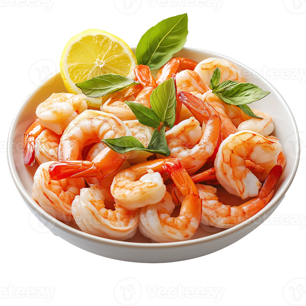 Fresh Shrimp and Lemon in Bowl on Transparent Background - Seafood Restaurant Menu Advertising, Healthy Food Blog Imagery or Cookbook Photography - Appetizing Top View Shot png