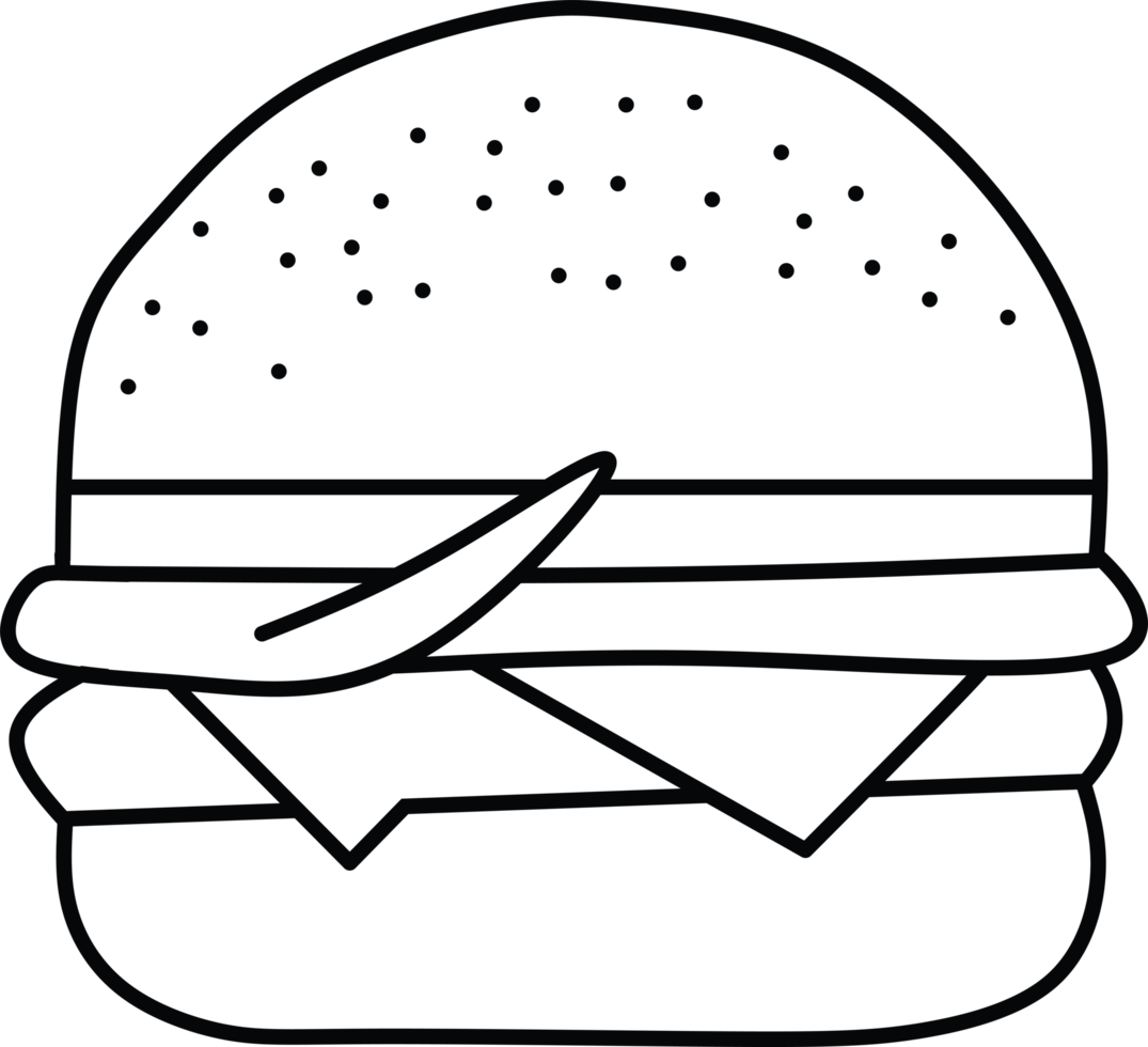 Outline burger illustration with sesame seeds on bun. Black line art on a light background. Minimalist design perfect for menus, food blogs, and packaging. . png