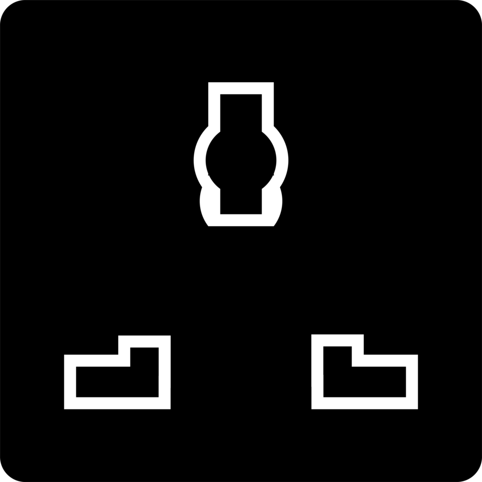 Simple black line art depicting an electrical wall socket plug design in a minimalist frame. png