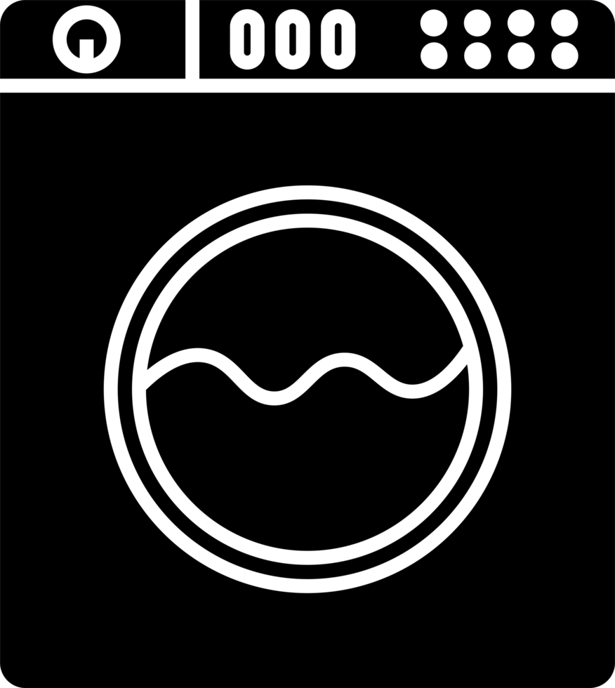 Black and white line art illustration of a washing machine, perfect as an icon or symbol for laundry-related concepts or digital applications. png