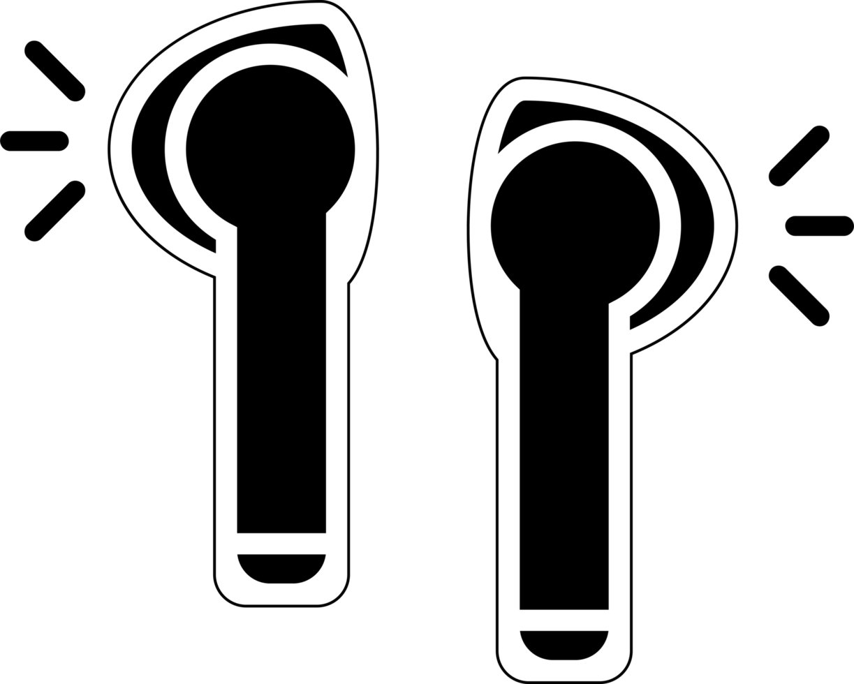 Illustration of modern wireless earphones depicted in simple line art with sound waves emanating, emphasizing technology and audio efficiency. png