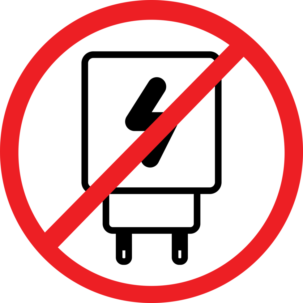 Illustration of a prohibition sign overlaying a charger icon, symbolizing restricted electrical access or invalid power usage. The vivid red circle conveys a clear message of prohibition. png