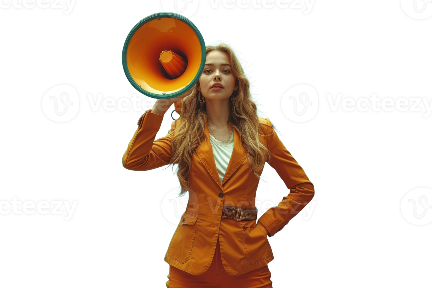 A woman wearing an orange suit is clutching a megaphone in her hand png