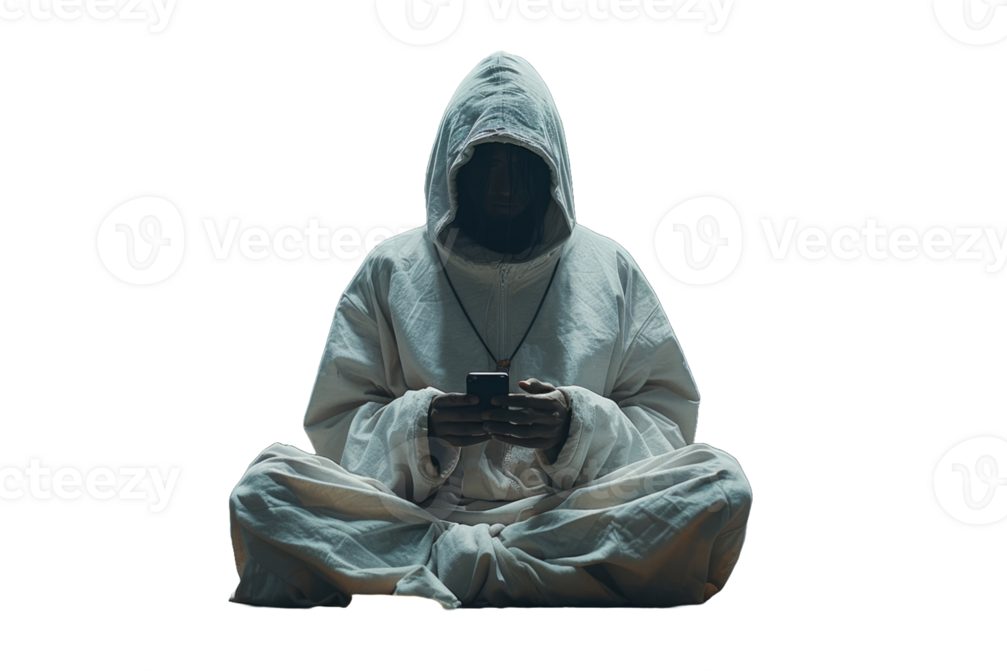 Person in a hoodie sits crosslegged, holding a cell phone png