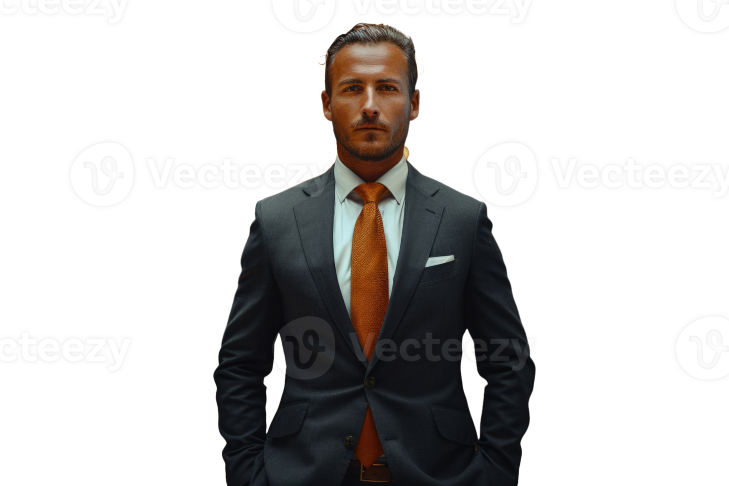 A man in a suit and tie standing with his hands in his pockets png
