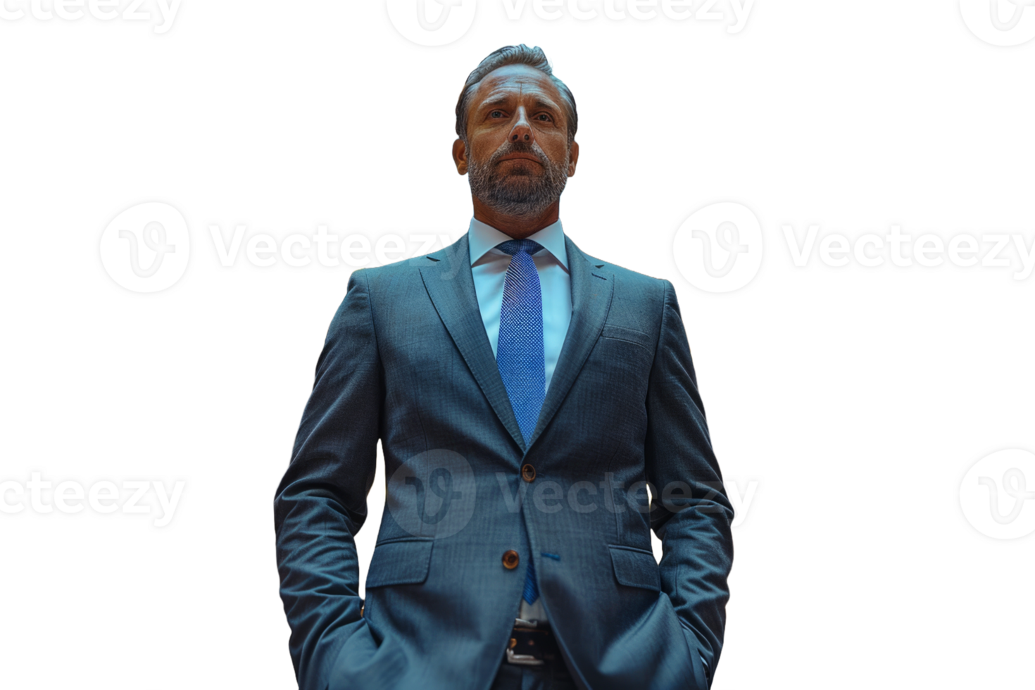 A man in a suit and blue shirt stands with arms crossed png
