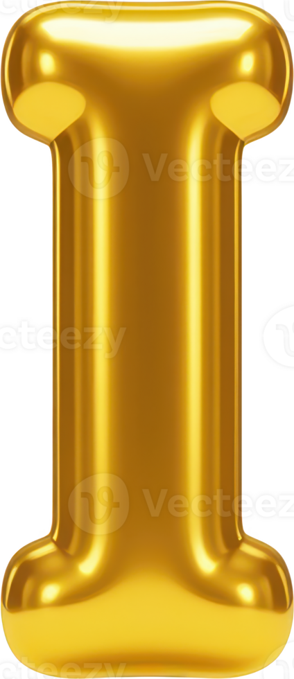 Shiny golden balloon letter I. 3D rendering of an inflatable glass material. png