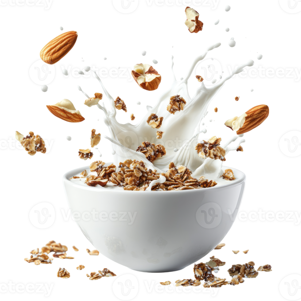 granola and almonds in a bowl with milk image png