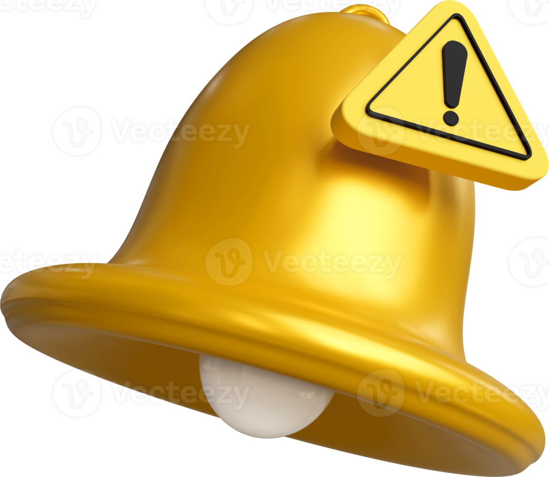 Yellow bell with warning triangle isolated on background. Concept of alert of risk or danger, safety, system error, and data update. png