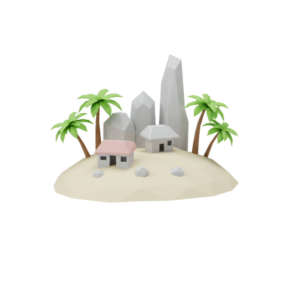 Low Poly Tropical Island Scene With Palm Trees And Houses png