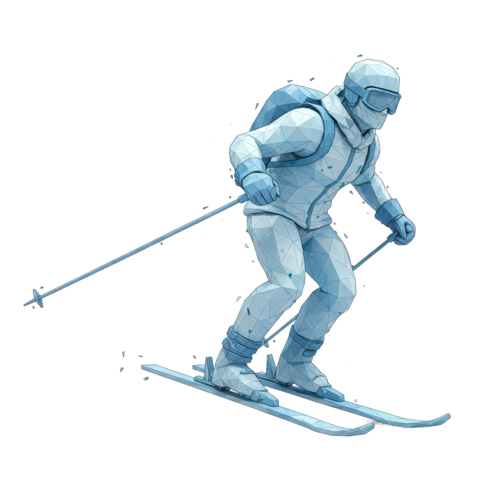 Athlete Skiers in Motion, Blue and White Geometric Design on Transparent png