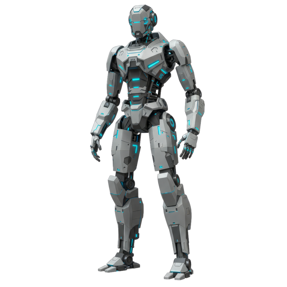 Gray Metallic Robot Figure With Glowing Blue Accents On Transparent Background png