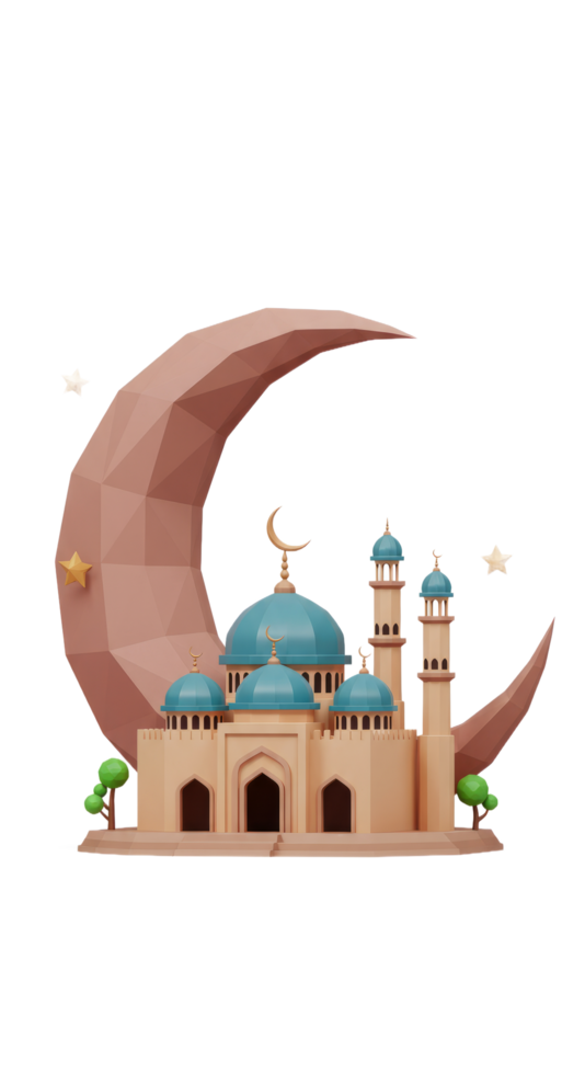 3D Render Of A Light Brown Mosque Beneath A Crescent Moon And Stars png
