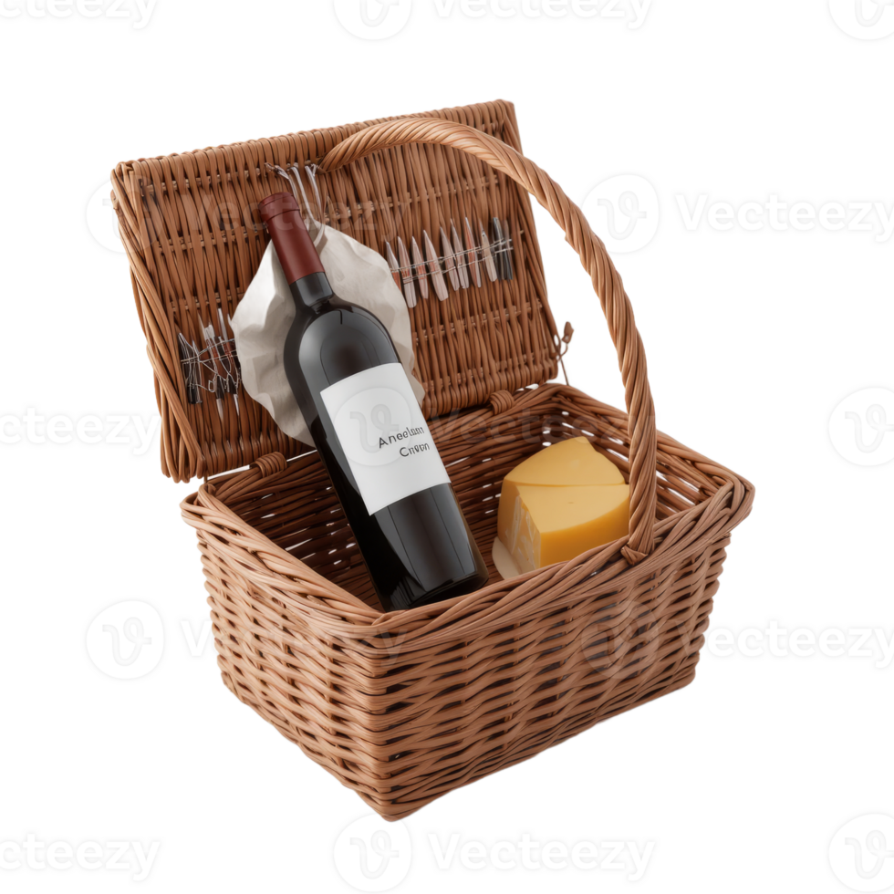 Brown Wicker Picnic Basket with Wine Bottle and Cheese png