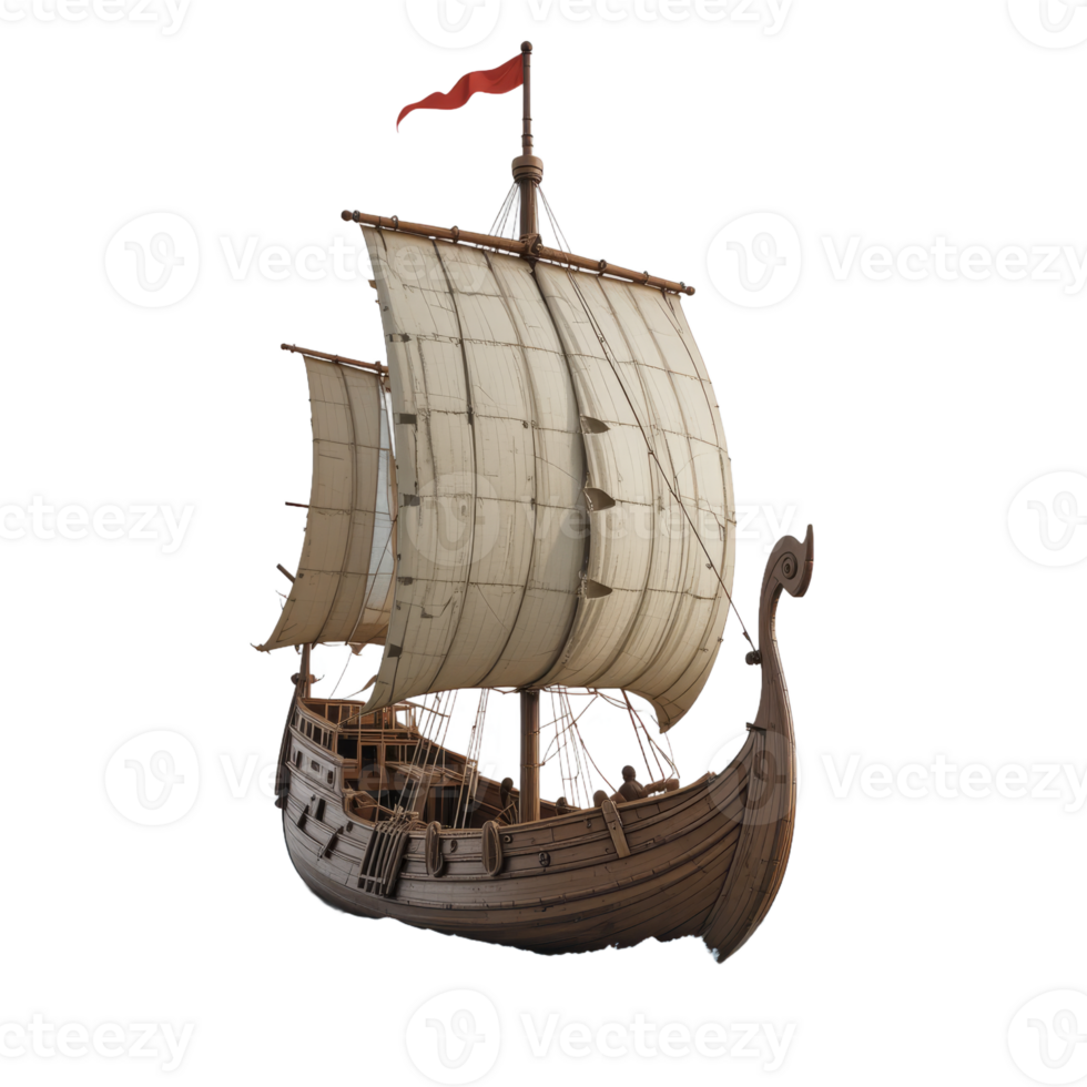 Vintage Wooden Sailing Vessel with Beige Sails on White Background png