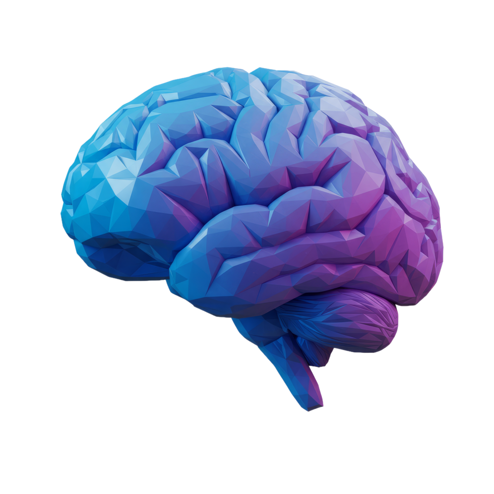 Low Poly Human Brain Model, Blue Purple Gradient, 3D Render, Transparent png
