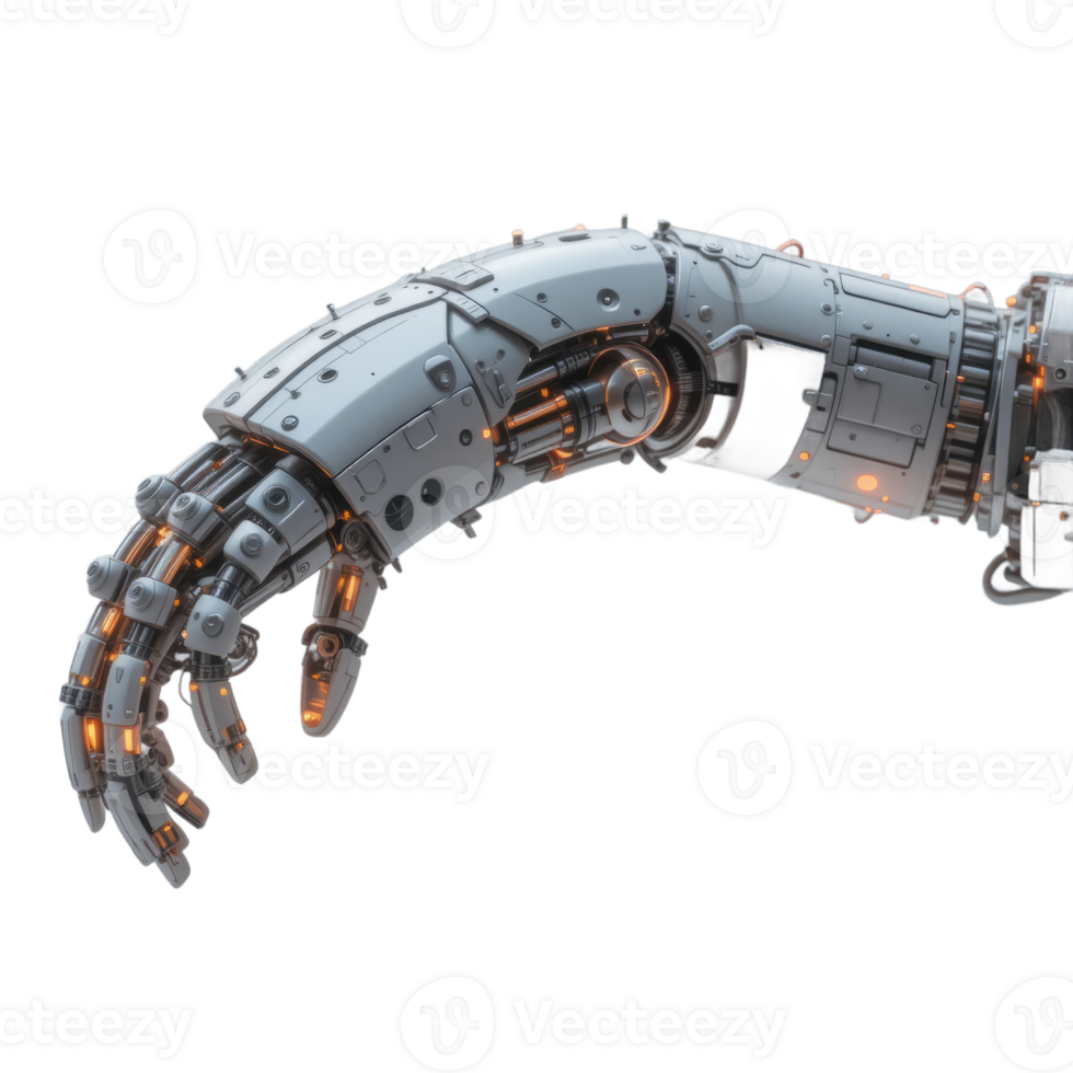 Detailed Robotic Arm with Fluorescent Orange Joints on Transparent Background png